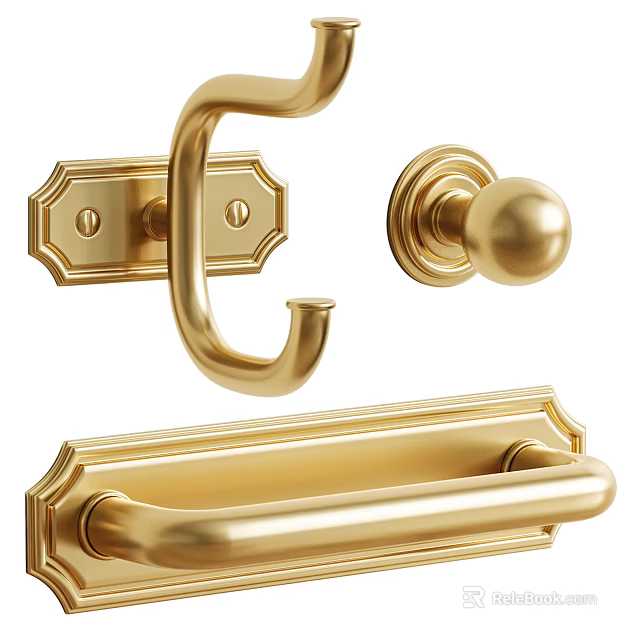 Elegant Golden Brass Hardware with Door Handle Drawer Pull and Hook 3d model 
