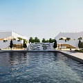 Modern White Building Complex With Central Pool Steps And Green Trees 3d model