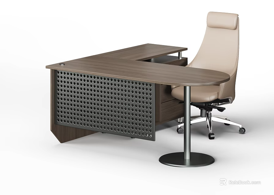 Modern Wooden Office Desk With Perforated Side Panel And Beige Ergonomic Chair 3d model 