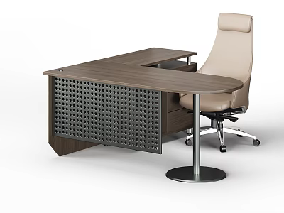 Modern Wooden Office Desk With Perforated Side Panel And Beige Ergonomic Chair 3d model