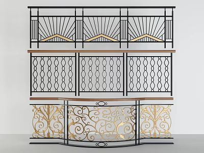 Decorative Multi Layer Wrought Iron Fence With Radiant Chain Link And Gold Scroll Patterns 3d model