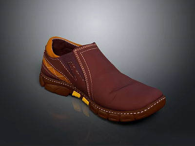Casual Slip On Leather Shoes Maroon Brown With Yellow Accents Stitched Details Rubber Sole 3d model