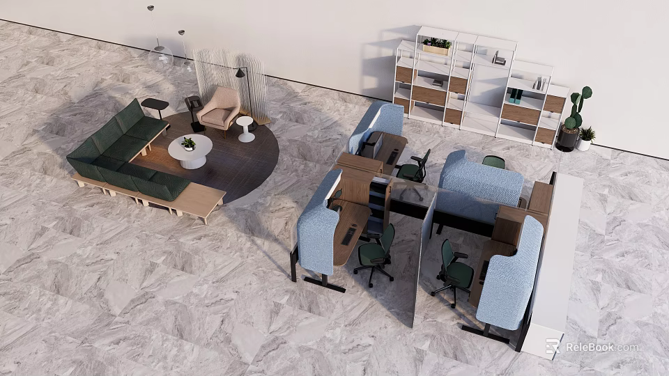 Modern Public Office Space With Open Workstations Sofa Seating Shelving Units And Green Plants 3d model 