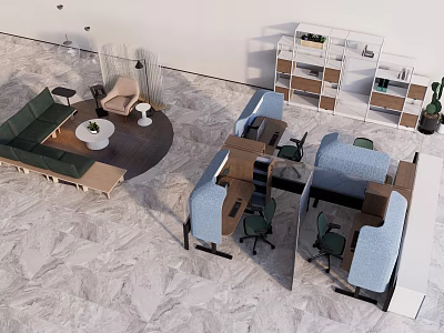 Modern Public Office Space With Open Workstations Sofa Seating Shelving Units And Green Plants 3d model