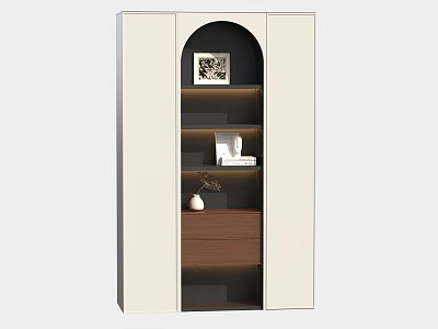 Modern Entryway Cabinet Sideboard Featuring Arched Shelves Lighting Framed Art Books And Vase 3d model
