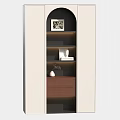 Modern Entryway Cabinet Sideboard Featuring Arched Shelves Lighting Framed Art Books And Vase