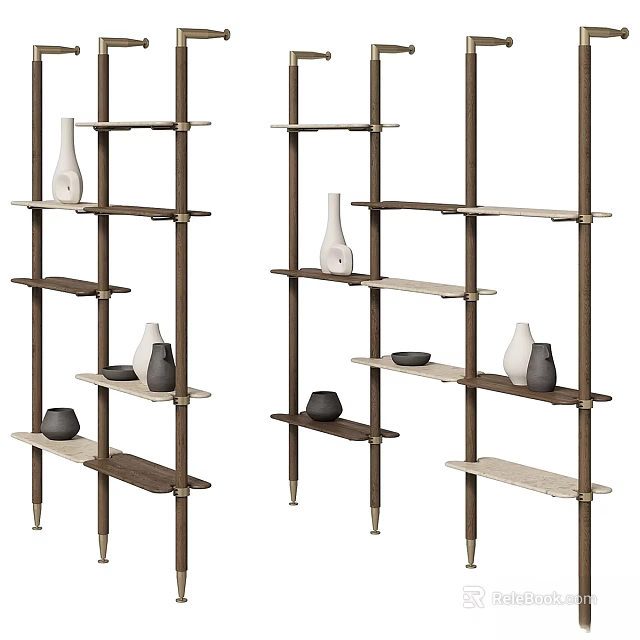 Modern Wooden Multi tier Open Shelving Unit With Decorative Vases And Bowls 3d model 