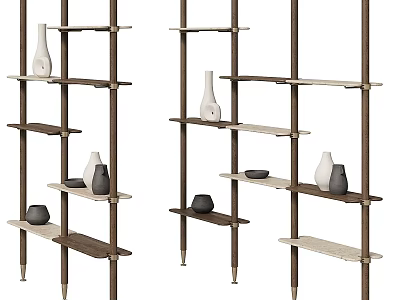 Modern Wooden Multi tier Open Shelving Unit With Decorative Vases And Bowls 3d model
