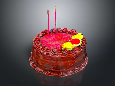 Chocolate Birthday Cake With Red Cream Decoration Two Red Candles And Yellow Red Flowers 3d model
