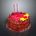 Chocolate Birthday Cake With Red Cream Decoration Two Red Candles And Yellow Red Flowers