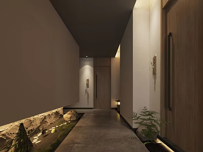 Hotel Corridor With Wooden Doors Dark Concrete Floor Stone Decor And Green Plants Lighting 3d model