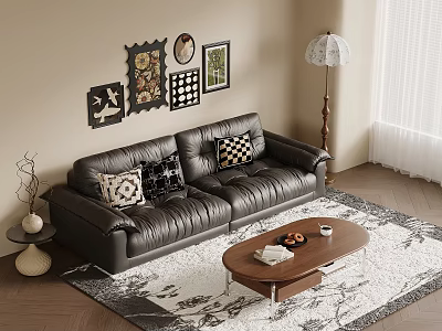 Black Leather Multi Seater Sofa with Patterned Pillows Wall Art Floor Lamp and Coffee Table 3d model