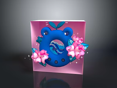 Cartoon Reptile Turtle Design on Pink Box with Pink Flowers and Blue Waves 3d model