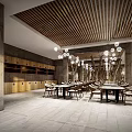 Rustic Restaurant Interior With Wooden Ceiling Spherical Hanging Lights Stone Walls And Dining Tables