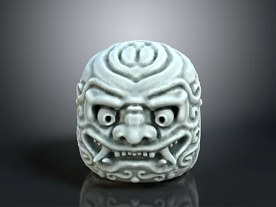 White Carved Sculpture Featuring Intricate Facial Patterns Exaggerated Eyes And Sharp Teeth 3d model