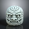 White Carved Sculpture Featuring Intricate Facial Patterns Exaggerated Eyes And Sharp Teeth