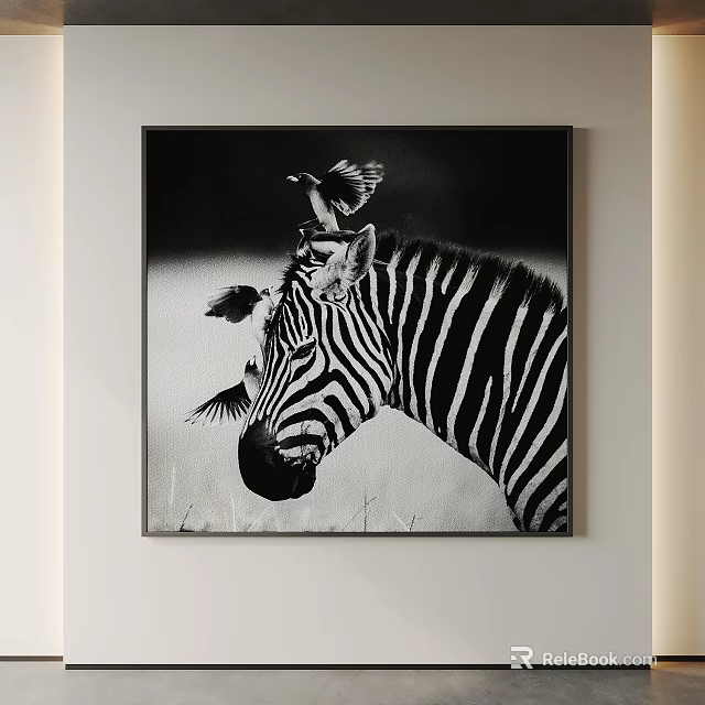 Black and White Animal Painting Featuring Zebra With Birds On Head As Wall Decor 3d model 