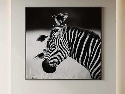 Black and White Animal Painting Featuring Zebra With Birds On Head As Wall Decor 3d model