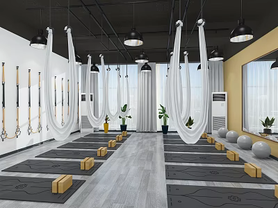 Spacious Yoga Fitness Studio Interior With Hammocks Mats Blocks And Exercise Balls 3d model