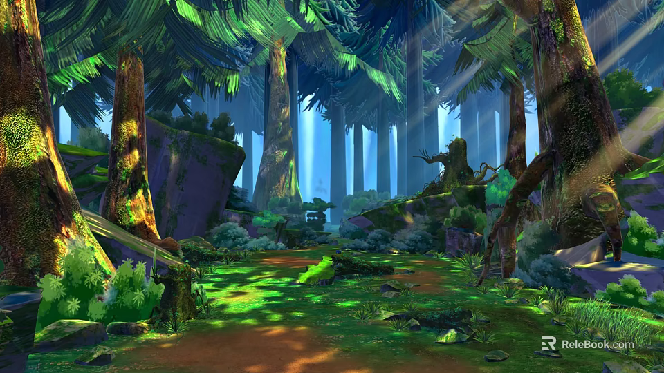 Tall Trees in Lush Forest with Sunlight Through Leaves Mossy Ground Path Rocks and Shrubs 3d model 