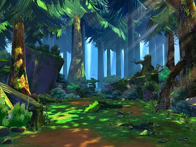 Tall Trees in Lush Forest with Sunlight Through Leaves Mossy Ground Path Rocks and Shrubs 3d model