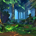 Tall Trees in Lush Forest with Sunlight Through Leaves Mossy Ground Path Rocks and Shrubs