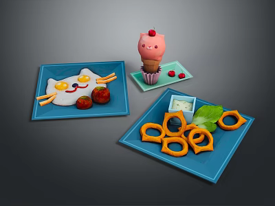 Cat Shaped Rice With Strawberries Pink Ice Cream Cone And Onion Rings On Blue Plates 3d model