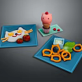 Cat Shaped Rice With Strawberries Pink Ice Cream Cone And Onion Rings On Blue Plates