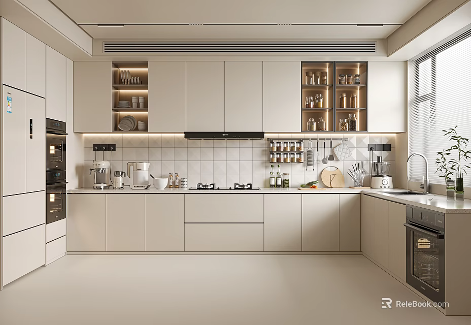 Modern Minimalist Kitchen Interior With White Cabinets Built In Appliances And Tile Backsplash 3d model 