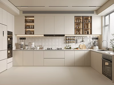Modern Minimalist Kitchen Interior With White Cabinets Built In Appliances And Tile Backsplash 3d model