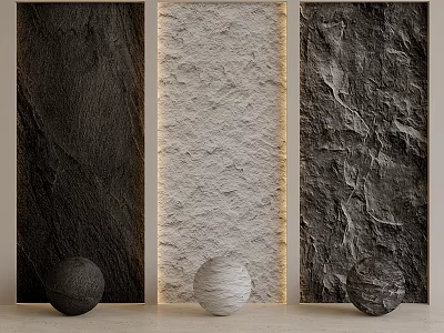 Textured Stone Background Wall Panels With Dark Light Patterns And Decorative Spheres 3d model