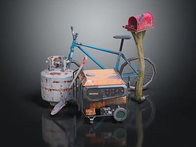 Rusted Metal Can Blue Bicycle Orange Generator And Red Mailbox Setup 3d model
