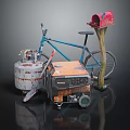 Rusted Metal Can Blue Bicycle Orange Generator And Red Mailbox Setup 3d model