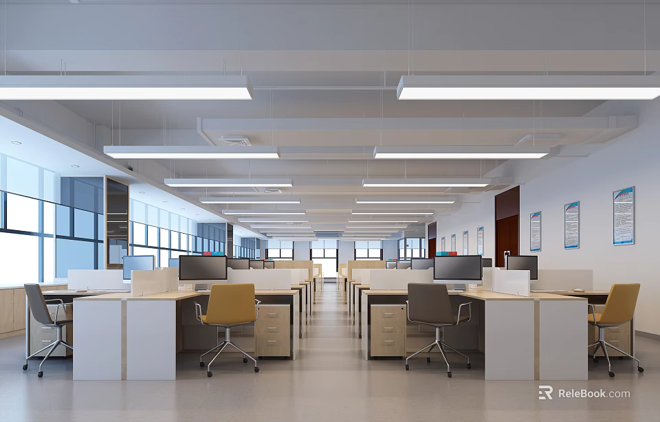 Modern Public Office Interior Design With Open Layout Desks And Computers 3d model 