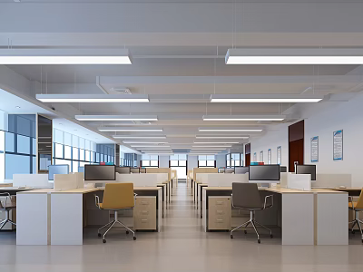 Modern Public Office Interior Design With Open Layout Desks And Computers 3d model
