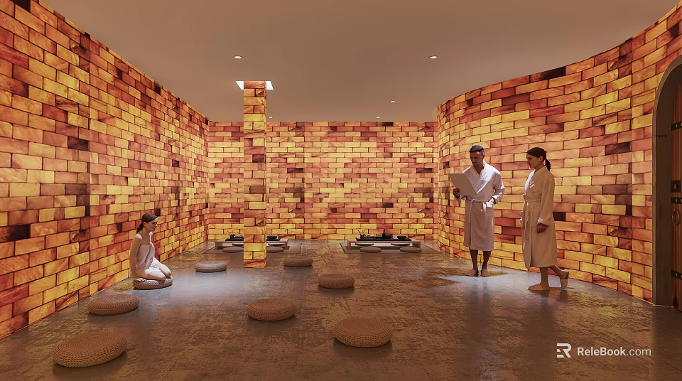 SPA Sauna Room with Orange Brick Walls Circular Mats and People in Bathrobes Sitting Standing 3d model 