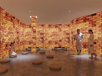 SPA Sauna Room with Orange Brick Walls Circular Mats and People in Bathrobes Sitting Standing 3d model