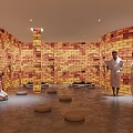 SPA Sauna Room with Orange Brick Walls Circular Mats and People in Bathrobes Sitting Standing