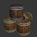 Rustic Wooden Barrels With Metal Hoops Stacked For Home Storage Use