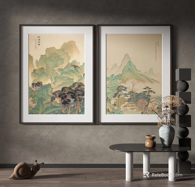 Chinese Landscape Paintings Hung On Wall With Modern Interior Decor Elements 3d model