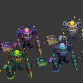 Game And Movie Robot Characters With Blue Gold Purple Armor And Spiked Design