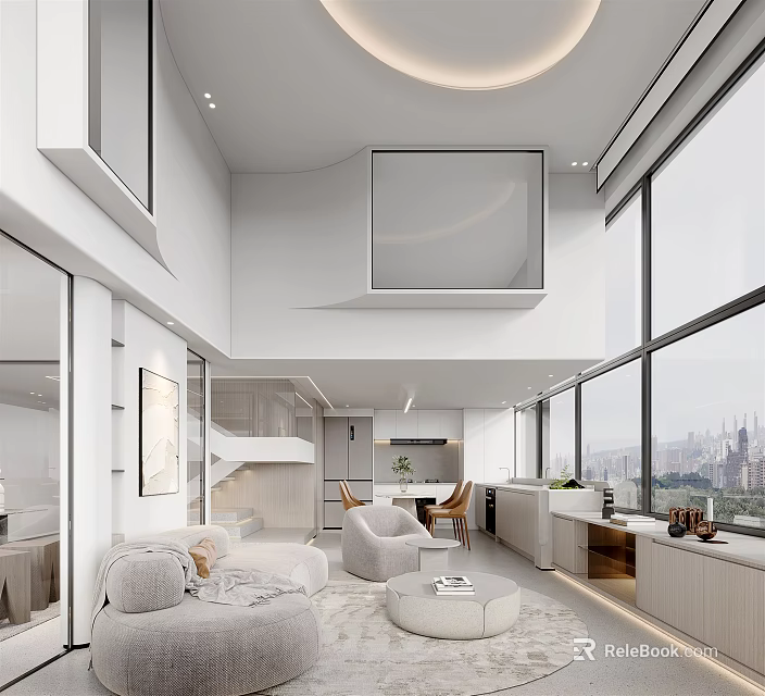 Modern Duplex Living Room Interior Design With Large Windows City View And Comfortable Sofa 3d model