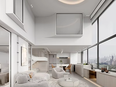 Modern Duplex Living Room Interior Design With Large Windows City View And Comfortable Sofa 3d model