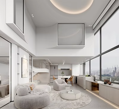 Modern Duplex Living Room Interior Design With Large Windows City View And Comfortable Sofa 3d model