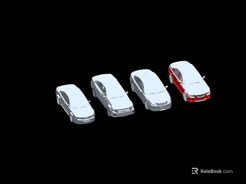 Four Cars Arranged in Row Three White and One Red on Black Background 3d model 