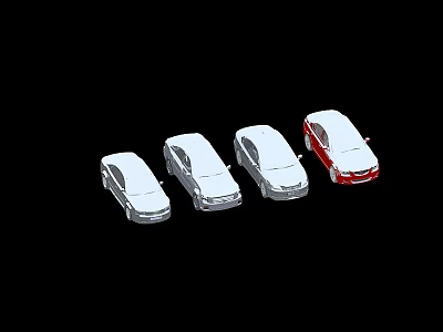 Four Cars Arranged in Row Three White and One Red on Black Background 3d model
