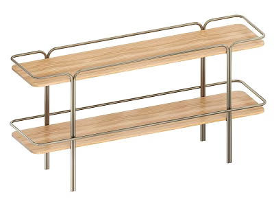 Modern Two Tier Wooden Shelf with Metal Frame for Home Organization 3d model
