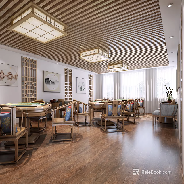 Hotel Mahjong Room Interior With Chinese Style Wooden Furniture And Chandeliers 3d model 