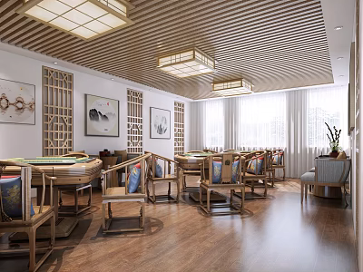 Hotel Mahjong Room Interior With Chinese Style Wooden Furniture And Chandeliers 3d model