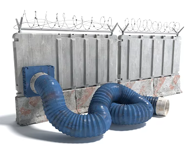 Gray Metal Building Exterior Wall With Barbed Wire Blue Corrugated Pipes And Brick Stone Base 3d model